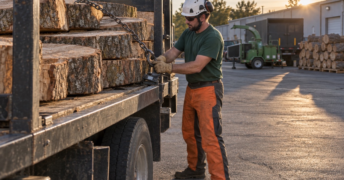 Worker cinching a chain sling over a load of silver maple rounds on the log bunk at the end of a Blue Springs day.