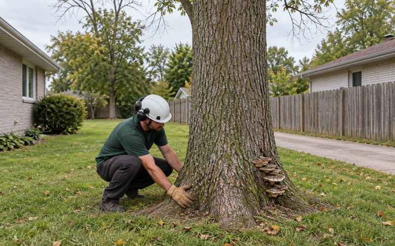 Worker reading a bracket fungus at the root flare of a declining green ash on a Blue Springs lawn.