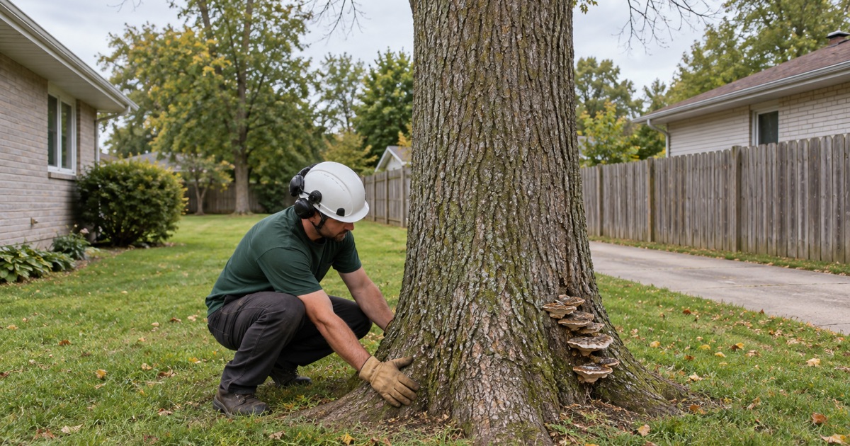Worker reading a bracket fungus at the root flare of a declining green ash on a Blue Springs lawn.