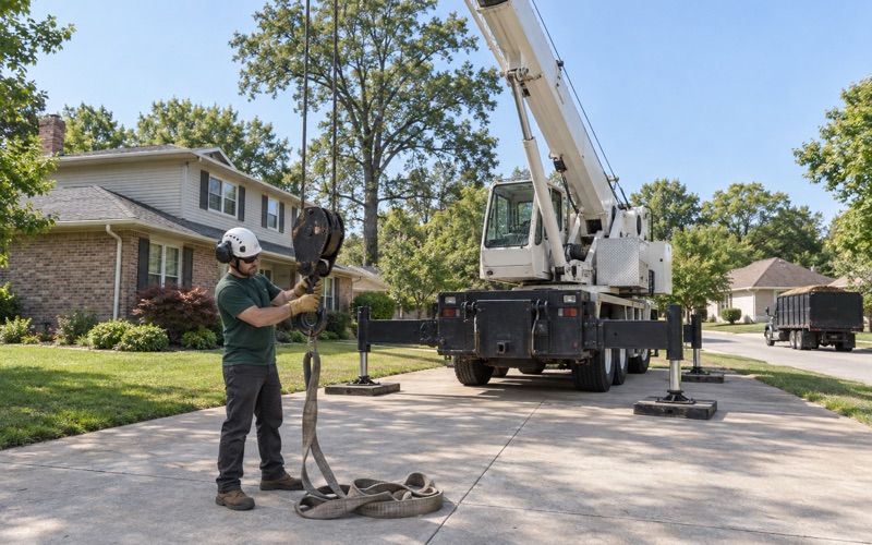 Worker seating a choker sling into the empty crane hook block on a Blue Springs driveway before a pick.