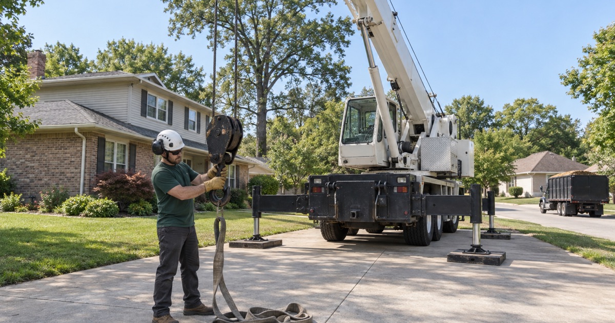 Worker seating a choker sling into the empty crane hook block on a Blue Springs driveway before a pick.