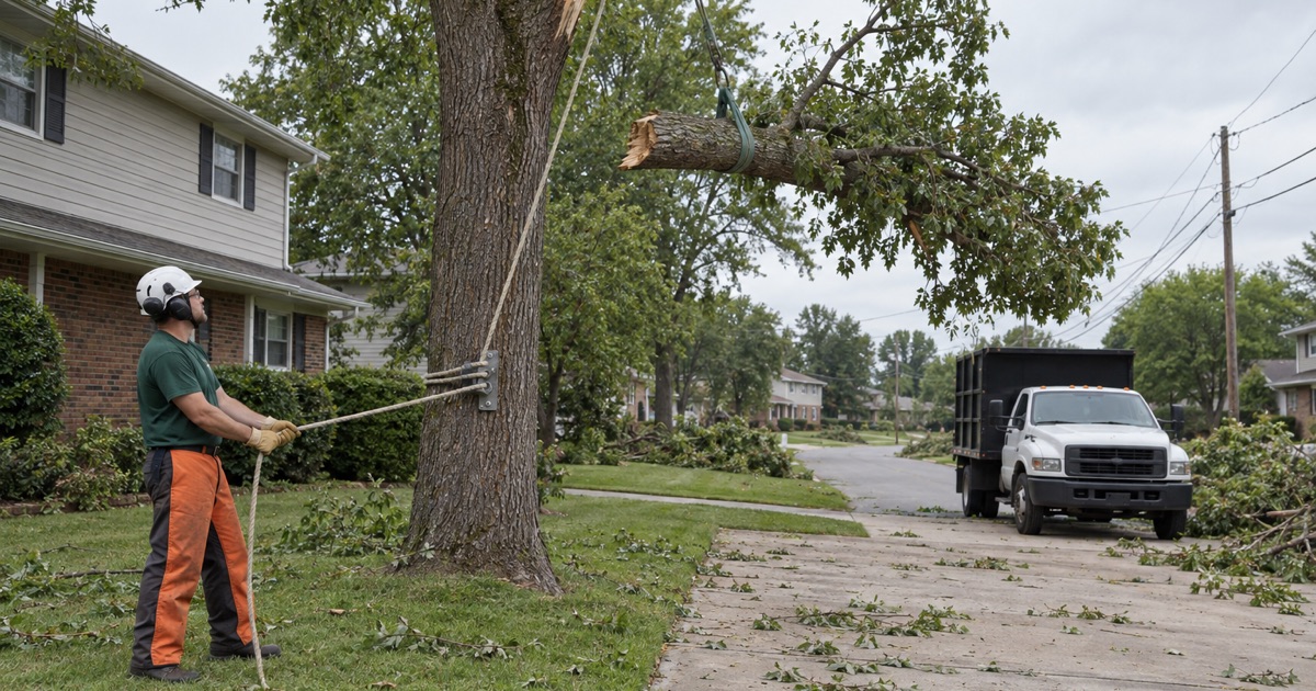 Worker holding the tail of the lowering rope while a wind-broken Siberian elm leader is brought down over a Blue Springs driveway.