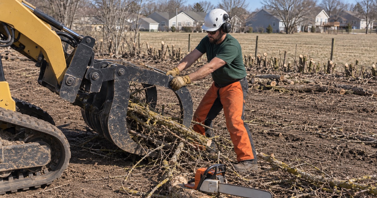 Worker steadying the grapple arm of a shut-down loader while an old Osage orange hedge row is cleared on a Blue Springs lot.