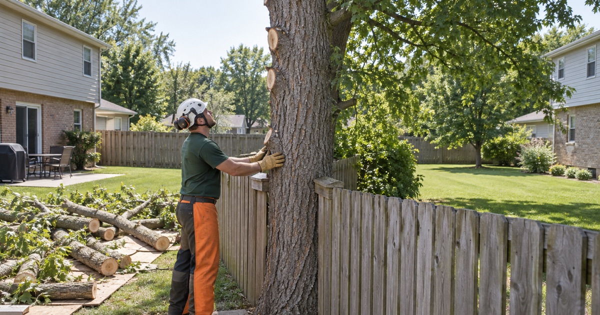 Worker at the bole of a silver maple growing on a Blue Springs property line, with the cut stopped dead at the boundary.