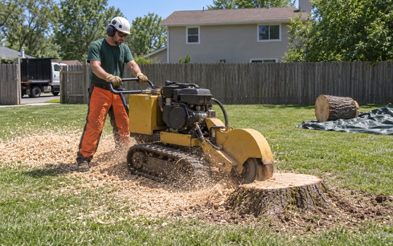 Worker sweeping the grinder wheel across a silver maple stump face on a Blue Springs lawn.