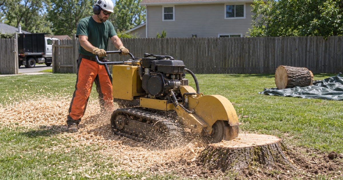 Worker sweeping the grinder wheel across a silver maple stump face on a Blue Springs lawn.