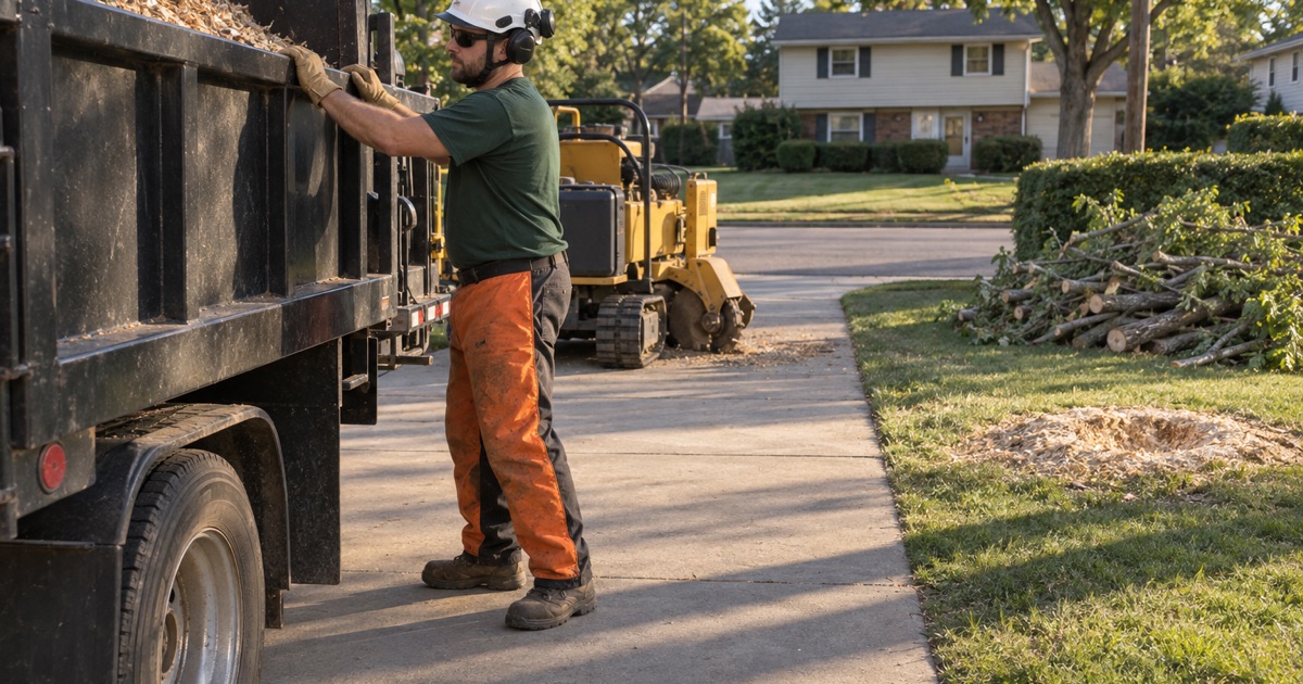 Worker at the side of the chip box on a Blue Springs driveway apron after a boxelder removal and stump grind.
