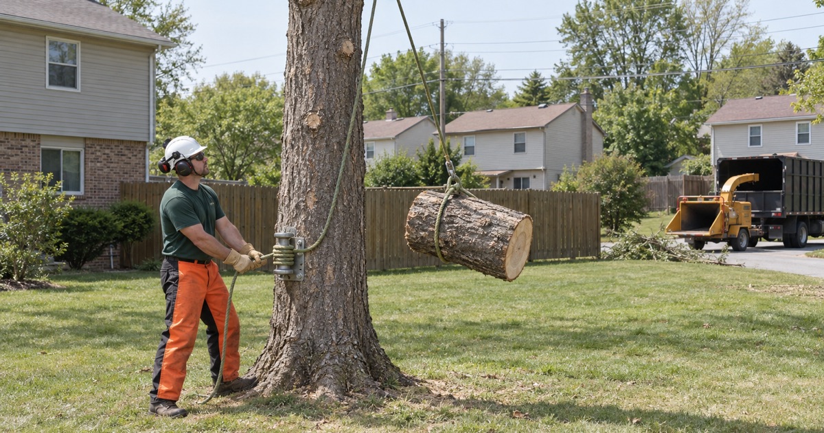 Ground worker holding three wraps on the bollard while a silver maple stem section comes down in a Blue Springs back yard.