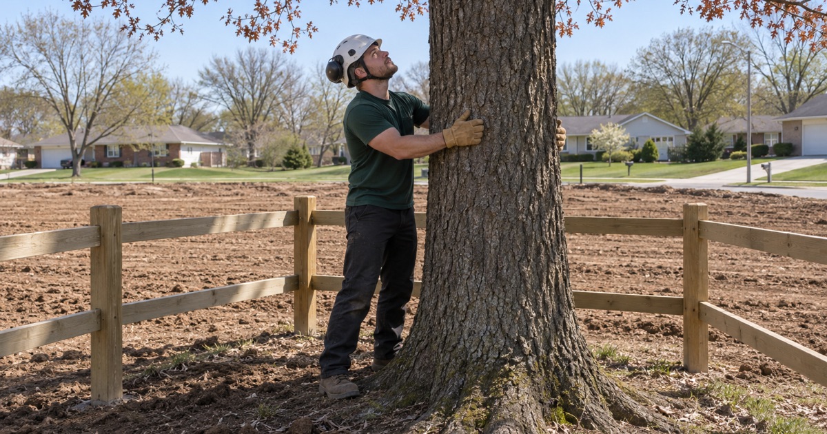 Worker checking a protection barrier around a retained pin oak on a Blue Springs development lot.