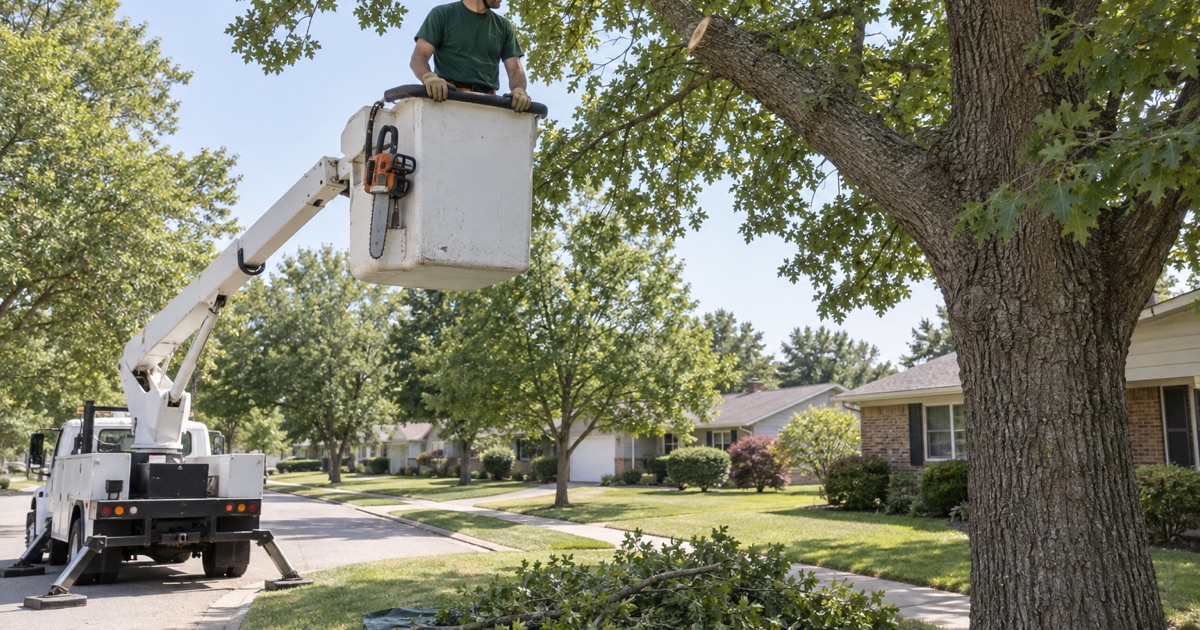 Worker steadying himself on the bucket rail while making a branch collar cut in a Blue Springs pin oak.