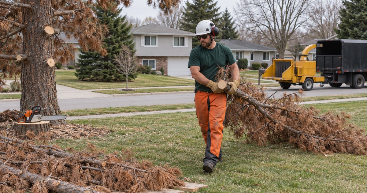 Worker carrying a cut limb butt clear after taking down a pine-wilt-killed Austrian pine in a Blue Springs front yard.